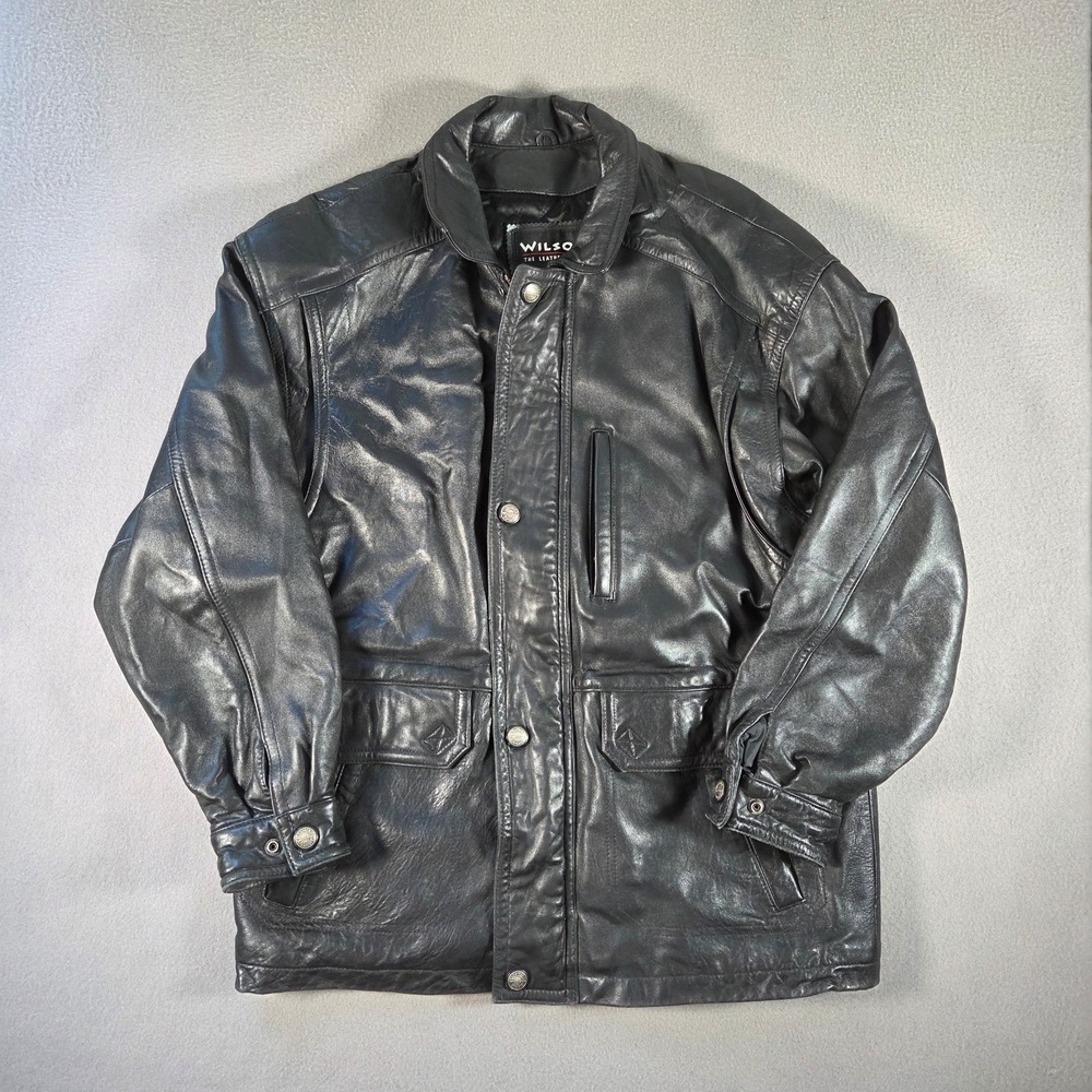 Wilsons Leather Jacket Mens Medium Black Zip Quilt Lined Chore Car Coat Heavy